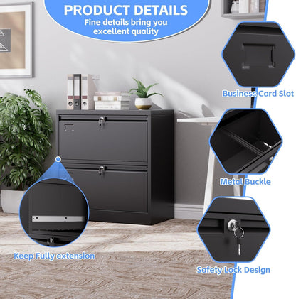 Metal 2 Drawer Lateral File Cabinet With 2 Lock - Wide Filing Cabinet For Letter Legal Hanging Files - Includes Business Card Holder,Home Office School Storage,Black