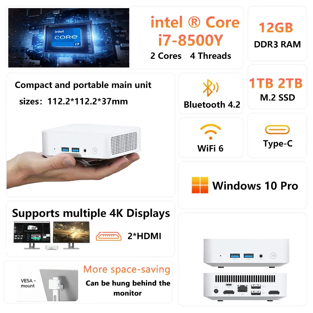 Mini PC Intel Core i7 8500Y Windows 10 12GB LPDDR3 1TB 2TB M.2 SSD Gamer Pc 4K HD WIFI 6 BT4.2 Desktop Computer