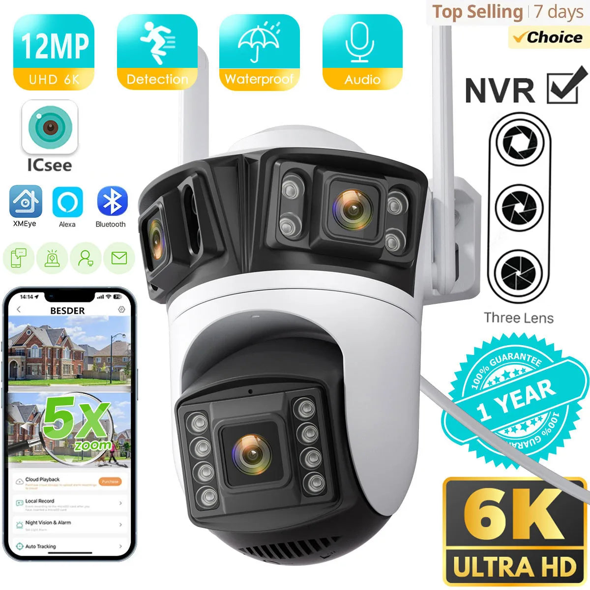 BESDER 6K 12MP HD Three Screen WIFI IP Camera Outdoor Three Lens Ai Human Detection Waterproof CCTV Video Security Camera iCsee