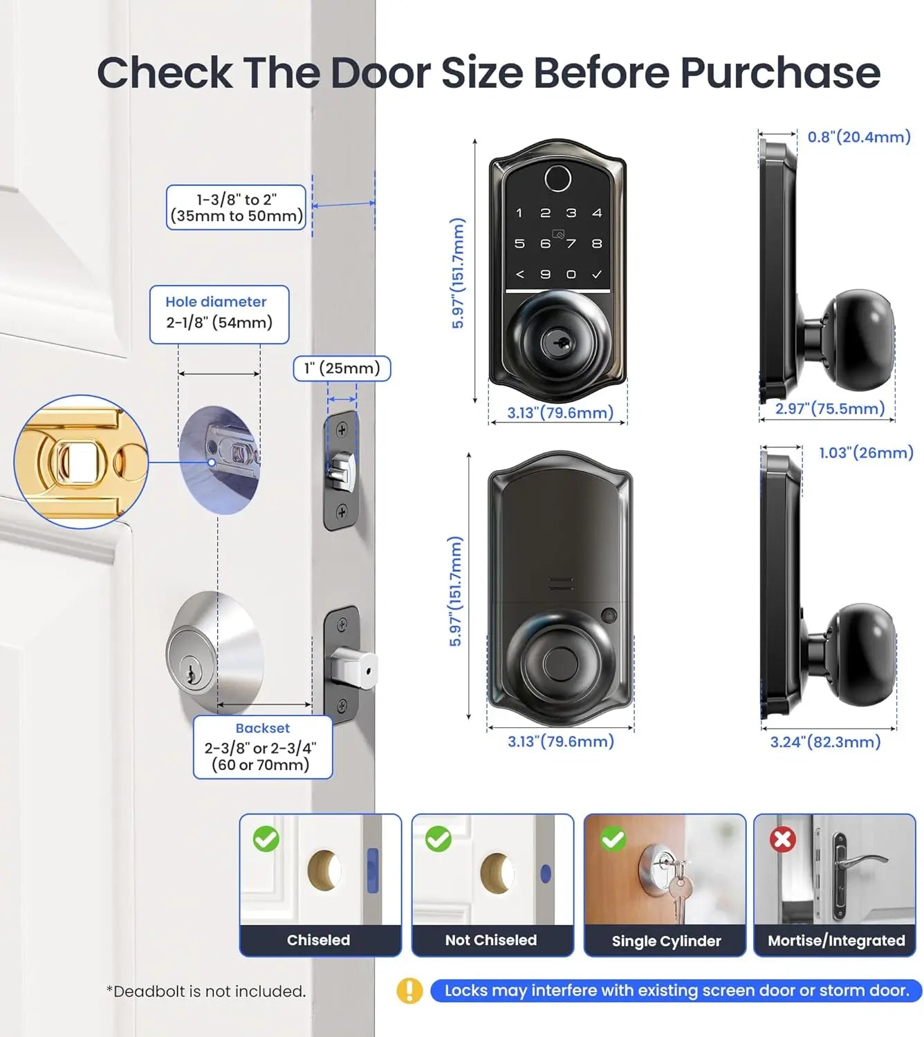 Veise VE018 Smart Knob Handle Lock - Fingerprint, App Control, Keyless Entry for Front Door and Bedroom