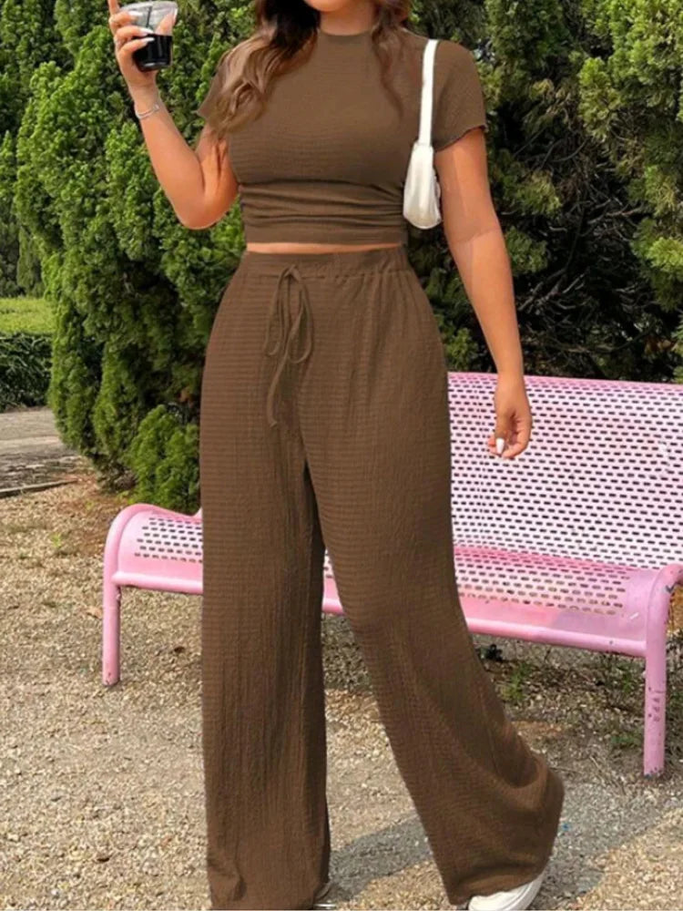 HXAO Women's Suit Short Sleeve Top Pant Sets Brown Black Women's Two Pieces Set Elegant Female Sets Summer Trousers Sets