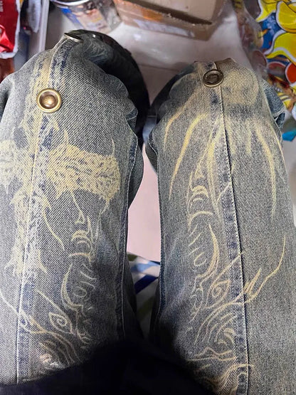 2023 Y2K Fashion Graphic Print Vintage Blue Baggy Flare Jeans Pants For Women Clothing Straight Old Lady Gothic Denim Trousers