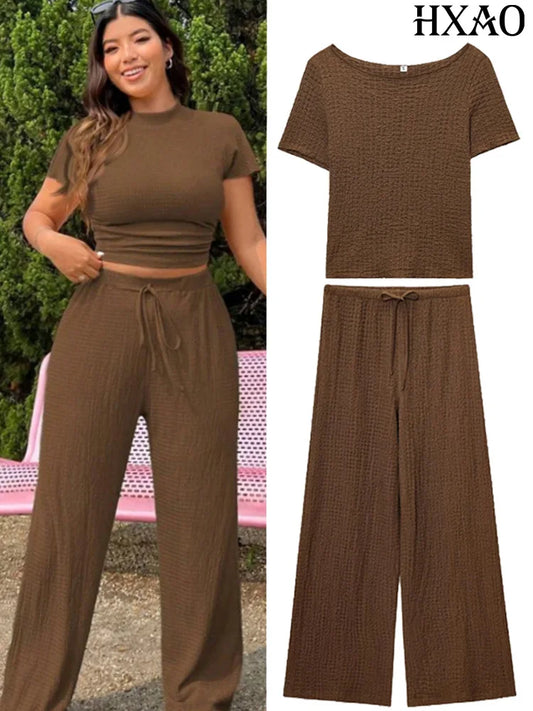 HXAO Women's Suit Short Sleeve Top Pant Sets Brown Black Women's Two Pieces Set Elegant Female Sets Summer Trousers Sets