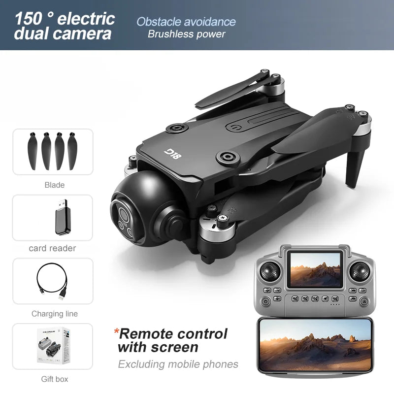 New D18 RC Drone 8K Professional HD  Dual Camera 360° Obstacle Avoidance Aerial Optical Brushless Large Screen Quadcopter Toy