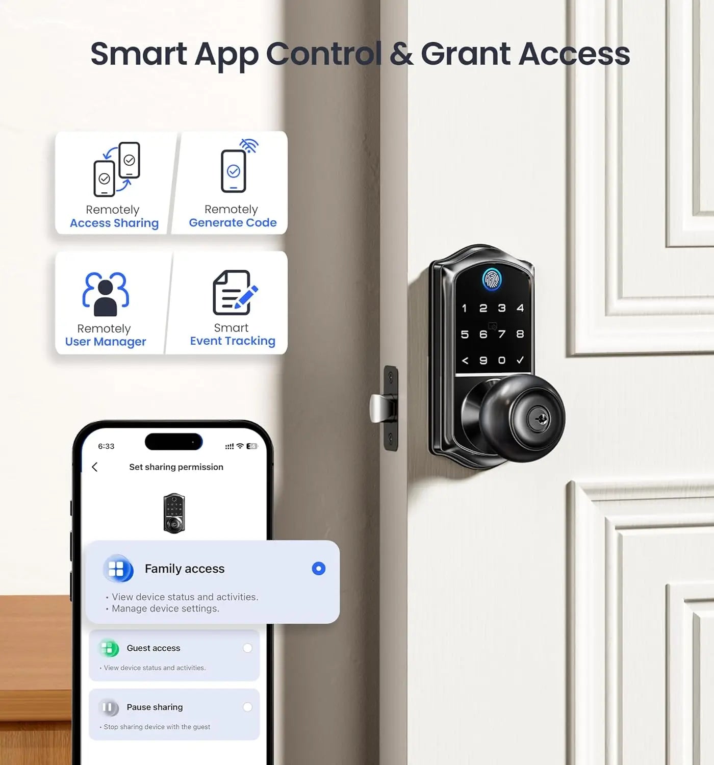 Veise VE018 Smart Knob Handle Lock - Fingerprint, App Control, Keyless Entry for Front Door and Bedroom
