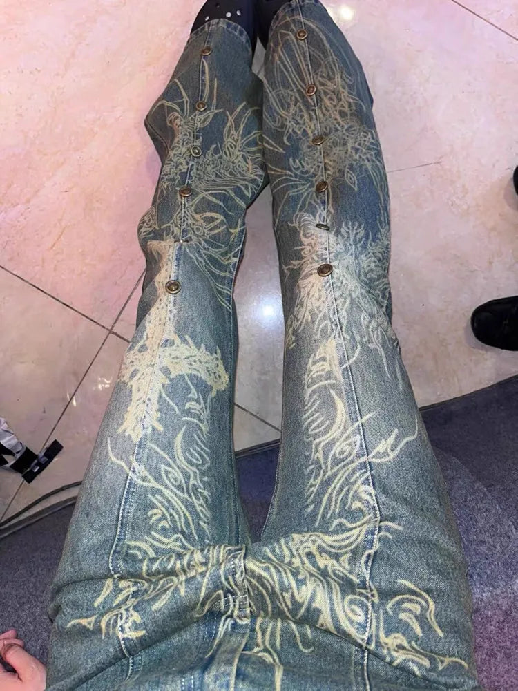 2023 Y2K Fashion Graphic Print Vintage Blue Baggy Flare Jeans Pants For Women Clothing Straight Old Lady Gothic Denim Trousers
