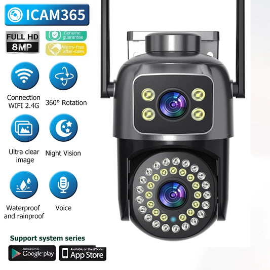 Dual Lens PTZ Wifi Camera 8MP IP Camera Dual Screen AI Human Auto Tracking Two Way Audio Video Outdoor Surveillance Cameras