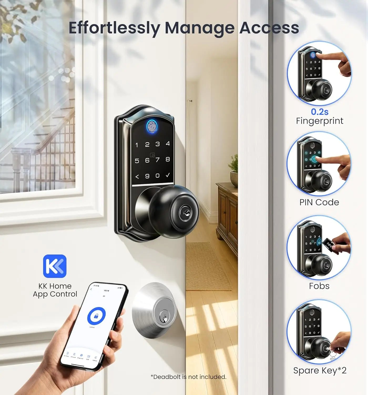 Veise VE018 Smart Knob Handle Lock - Fingerprint, App Control, Keyless Entry for Front Door and Bedroom