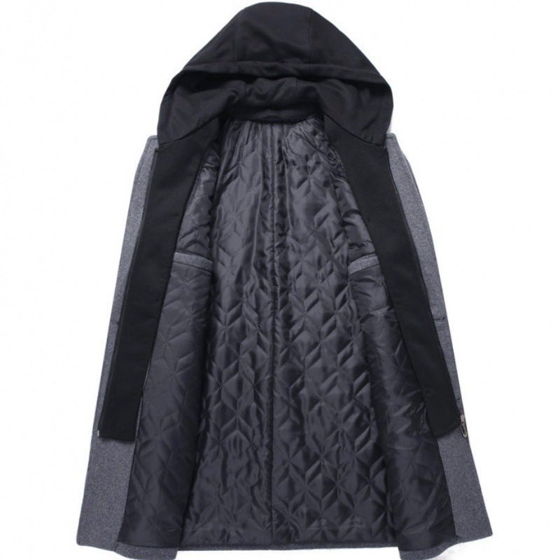 Men's Casual Woolen Coat Mid-length Detachable Hat Jacket