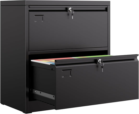 Metal 2 Drawer Lateral File Cabinet With 2 Lock - Wide Filing Cabinet For Letter Legal Hanging Files - Includes Business Card Holder,Home Office School Storage,Black