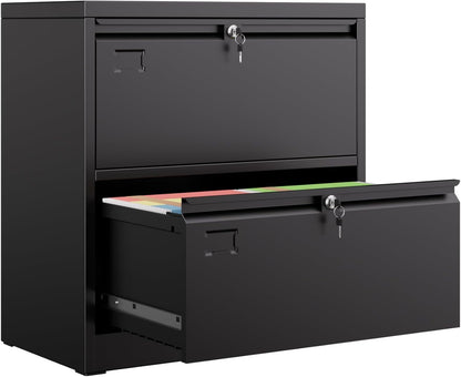 Metal 2 Drawer Lateral File Cabinet With 2 Lock - Wide Filing Cabinet For Letter Legal Hanging Files - Includes Business Card Holder,Home Office School Storage,Black