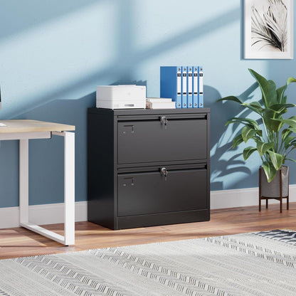 Metal 2 Drawer Lateral File Cabinet With 2 Lock - Wide Filing Cabinet For Letter Legal Hanging Files - Includes Business Card Holder,Home Office School Storage,Black